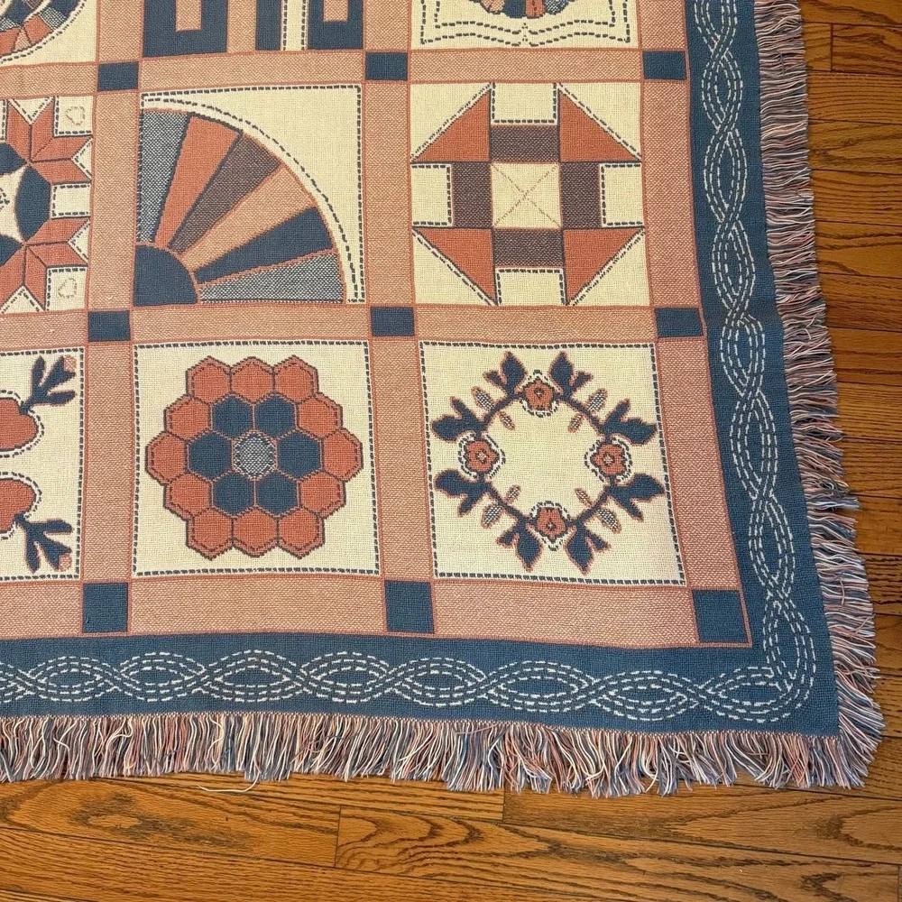 Vtg tapestry throw blanket blue & pink Cottagecore Grannycore 48.5